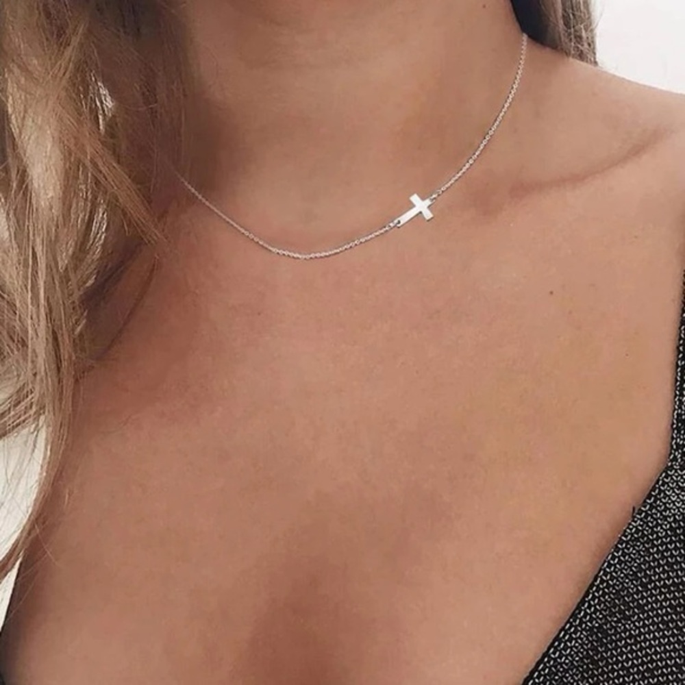 Silver Sideways Cross Choker Necklace delicate dainty minimalist